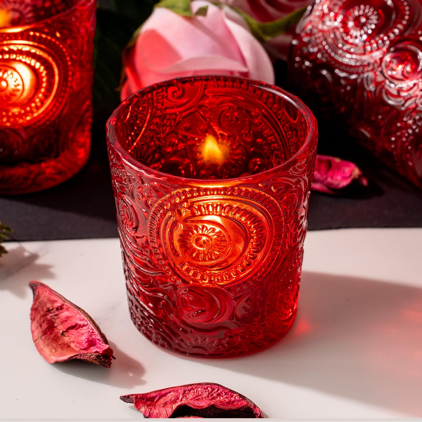 6 Pack Patented Sun Moon Star Embossed Glass Tea Light Candle Holders - Unique Votive Candle Holders for Wedding, Party, and Table Centerpieces (Multi-Color)