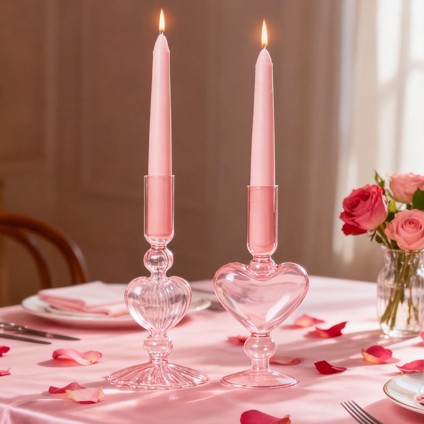 WDS WONDROUS Glass Candle Holders Set of 2 – Pink Heart Taper Candle Holders for Valentine's Day, Candlestick Holder Wedding Decorations, Farmhouse Home Coffee Table Decor & Housewarming Gifts