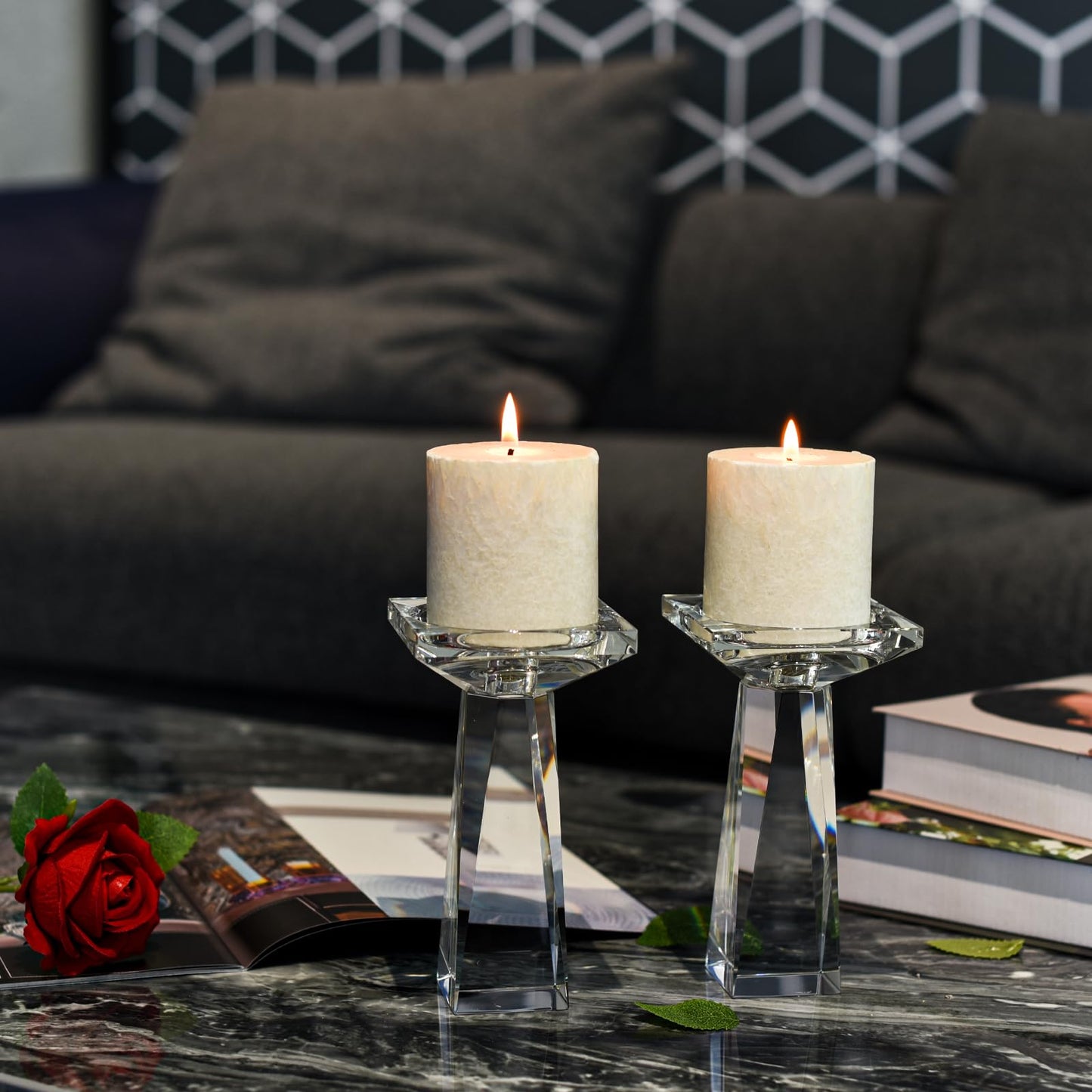 Marvala Crystal Taper/Pillar Candle Holders Set of 2, Heavy Solid Hand Cut Candle Stands Set, 6.3 Inches Height, Table Centerpiece Home Decor for Wedding, Dining, Party, Clear
