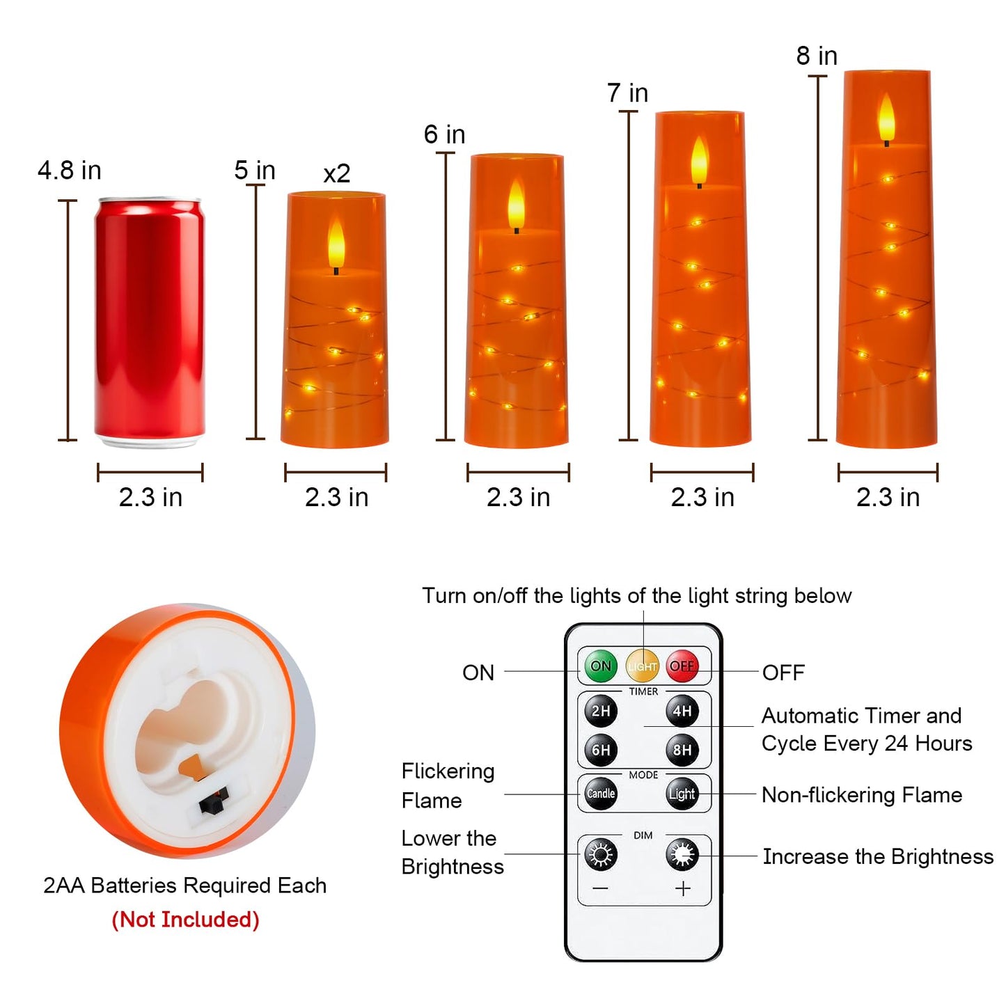 Raycare Flameless Candle with Remote Timer – 5 Flickering Acrylic Battery Operated LED Pillar Candles with Embedded Star String for Halloween, Home Decor, and as a Gift(Orange)
