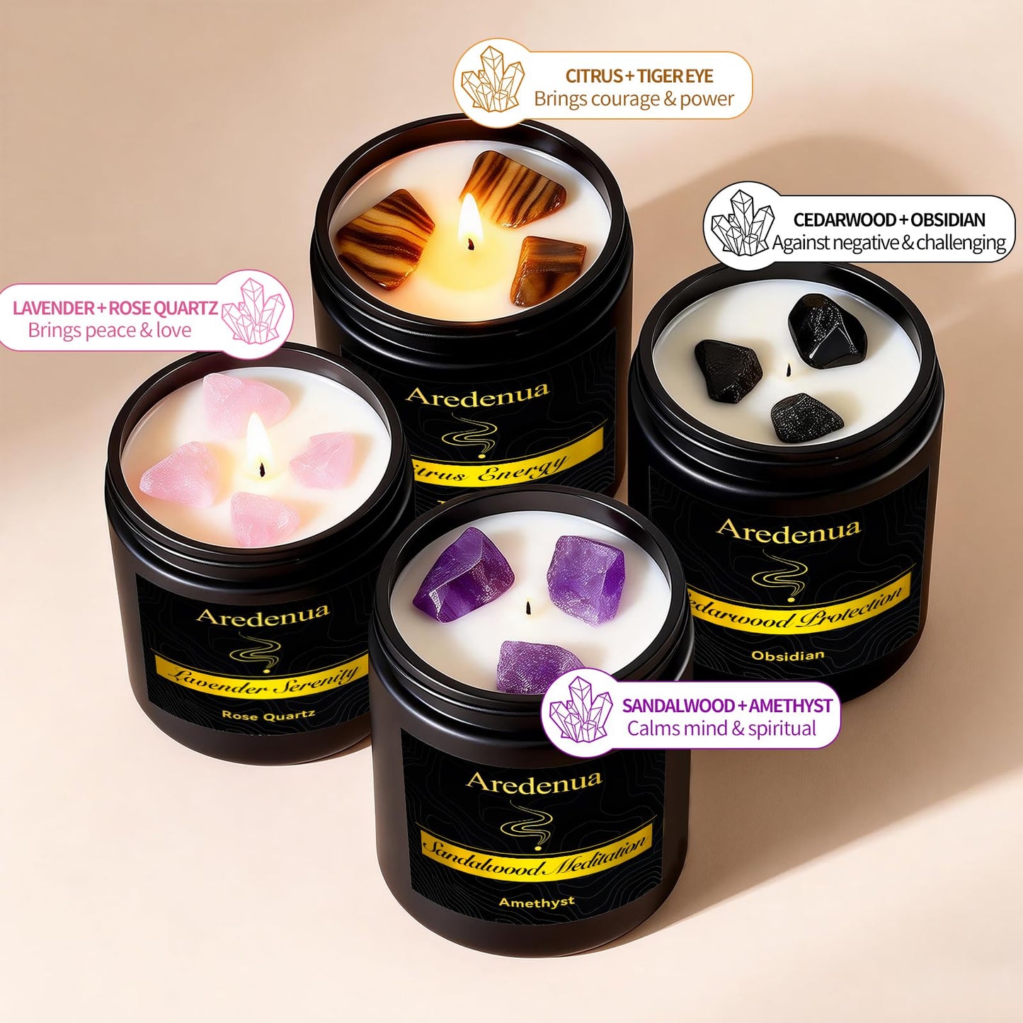 Aredenua Scented Candles Set, 4 Pack Crystal Healing Candles with Rose Quartz Amethyst Tiger Eye Obsidian, 7oz Natural Soy Wax Candles, Lavender Citrus Sandalwood Cedar, Meditation Gifts for Women Men