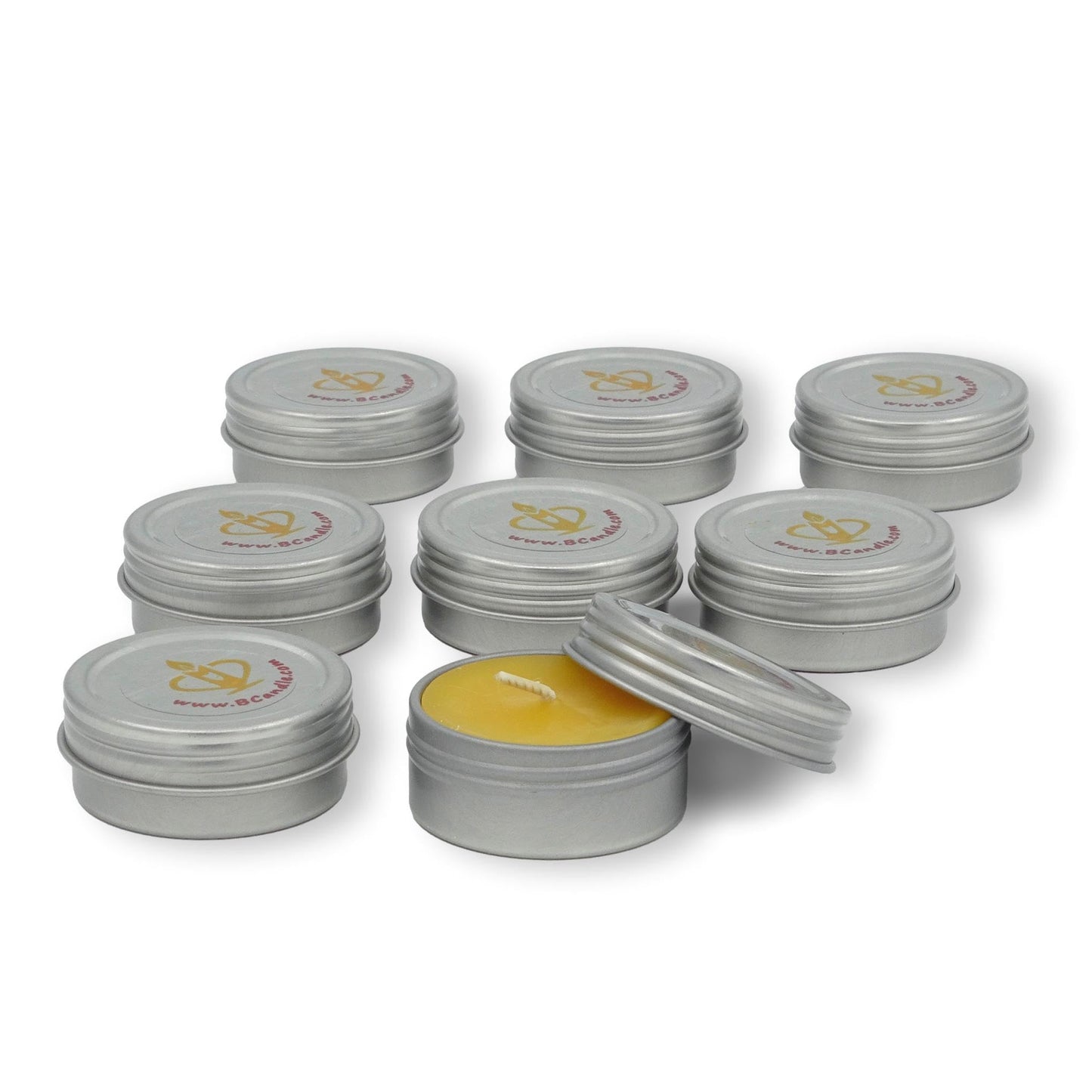 Set of 8 Pure Beeswax Tea Light in Flat Tin Container with Screwtop Cover, Jar Candles, for Camp, Outdoor, Sports Events, Fishing