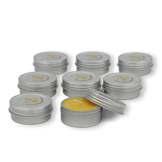 Set of 8 Pure Beeswax Tea Light in Flat Tin Container with Screwtop Cover, Jar Candles, for Camp, Outdoor, Sports Events, Fishing