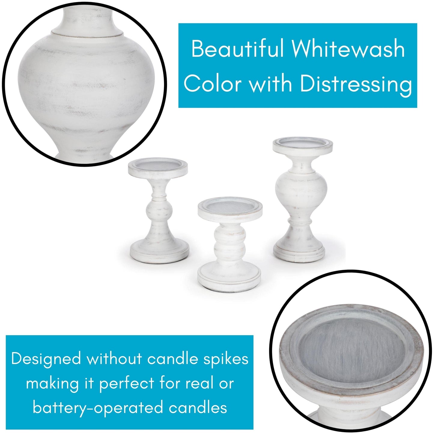 BIRDROCK HOME 3pc Pillar Candleholders - Whitewash - Farmhouse Decor - Wooden Candle Holders - Table Centerpiece - Stand