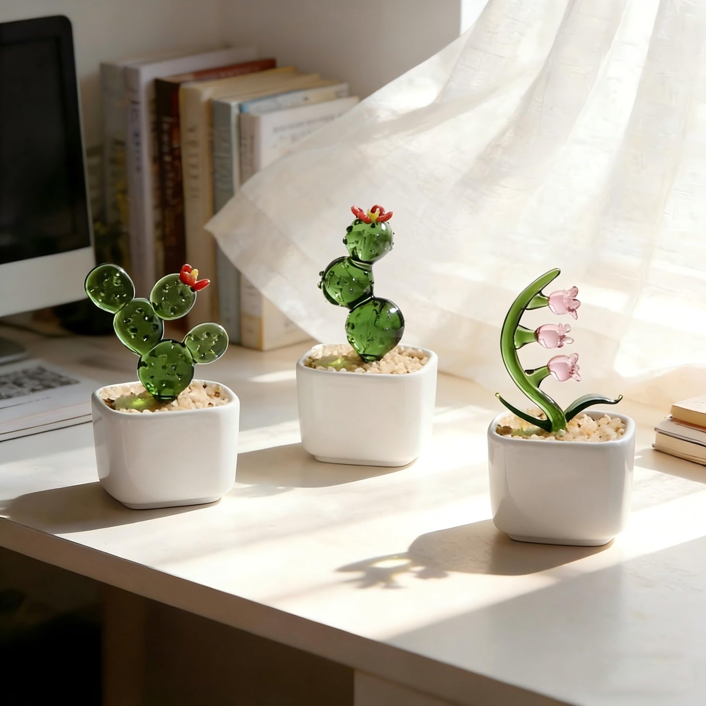 Crystal Glass Flowers Dopamine Decor, Cute Desk Decor for Women Office,Small Crystal Flower Fake Desk Plant,Gift for Teachers,Friends,Coworkers