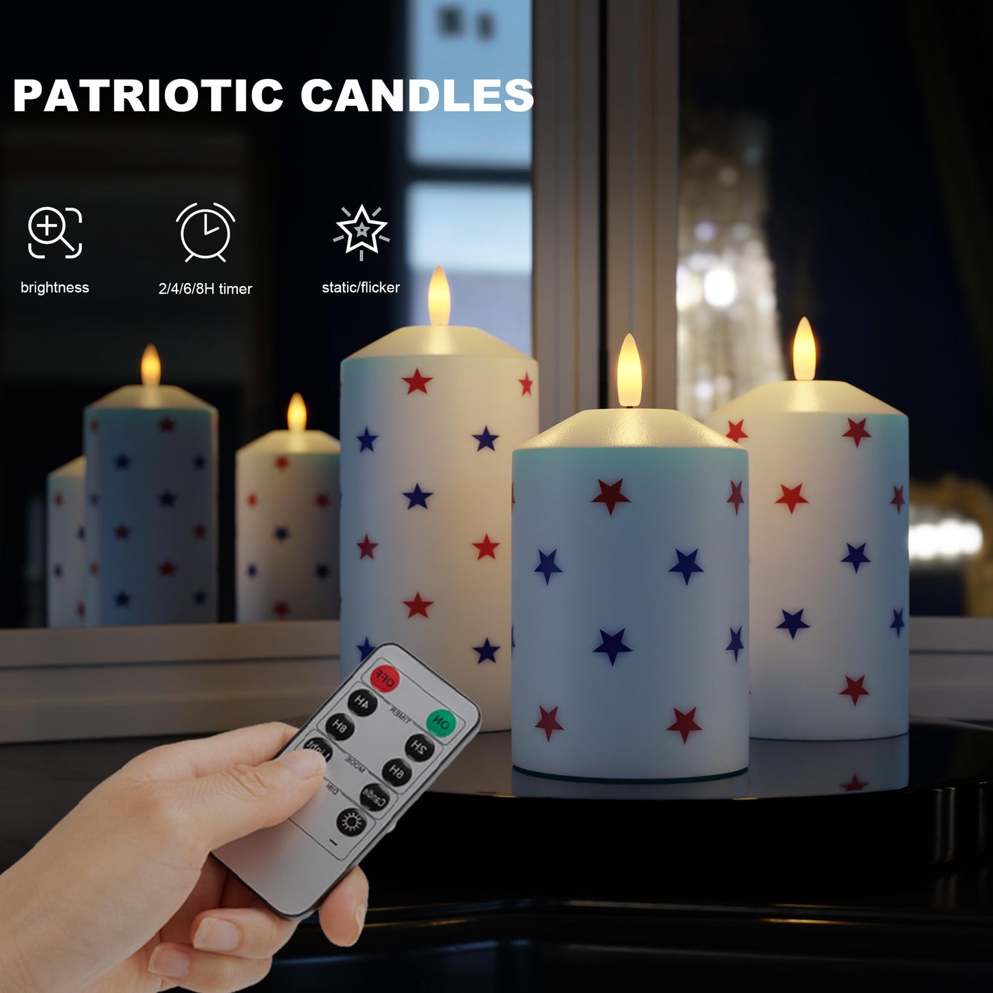 AFINETH Patriotic Red White and Blue Star Candles, Real Wax 4th of July Led Candles, Flickering Flameless Candles with Remote, Memorial Day Flameless Pillar Candles for Patriotic Holiday Decor