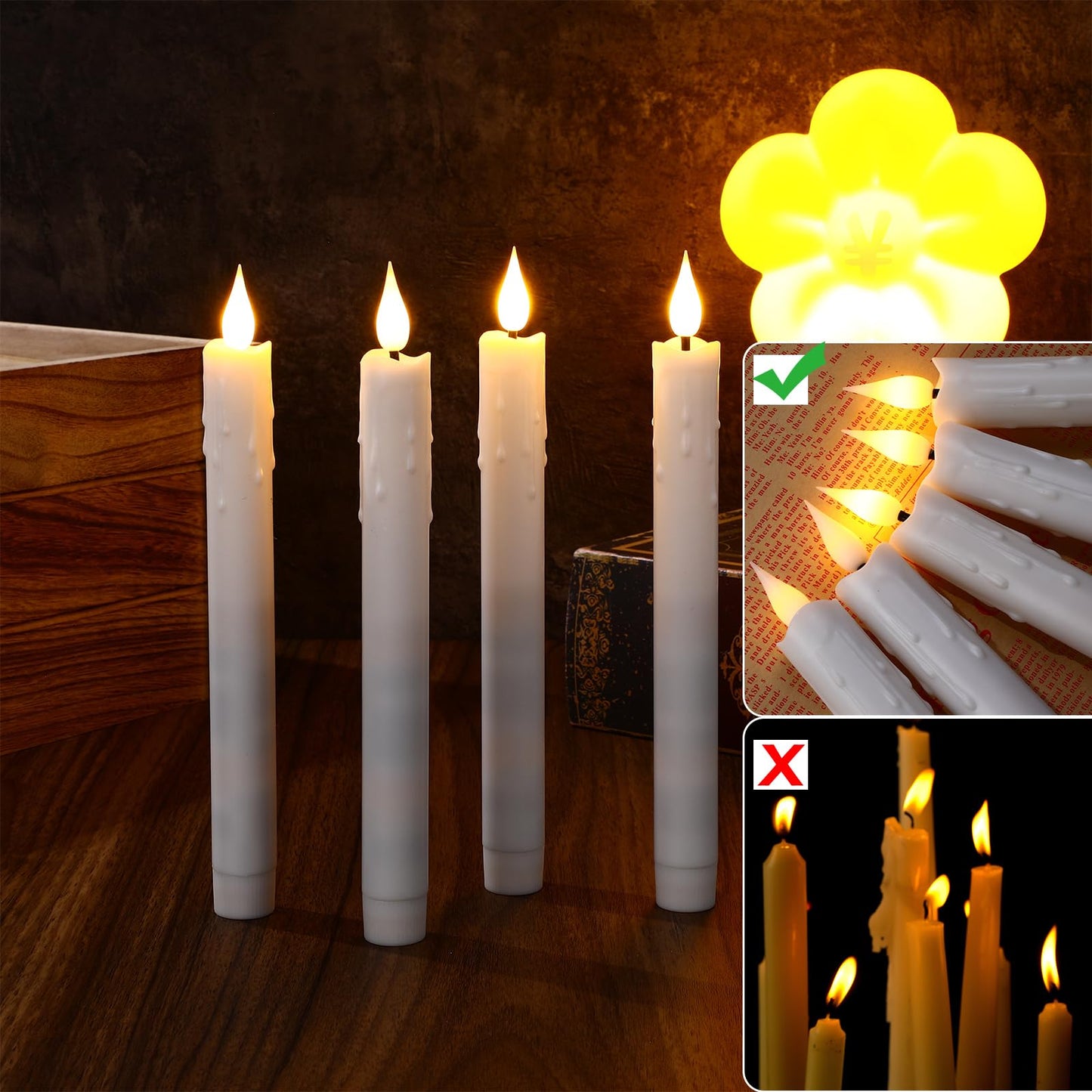 Baquler 24 Pcs 8.9 Inch Flameless Taper Candles Dripless Battery Operated LED Flickering Candlesticks Window Candle with 3D Flickering Flame for Easter Home Wedding Dinner Church Decor