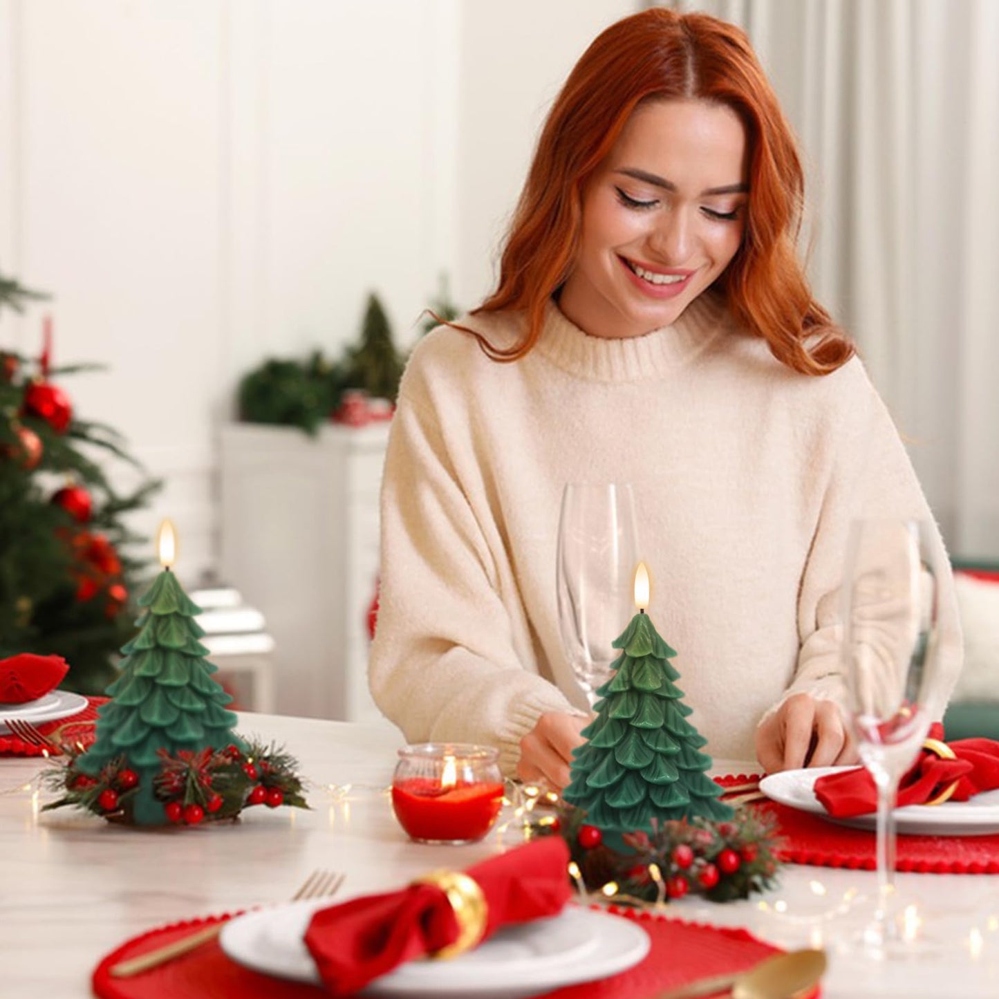 Lasumora Christmas Tree Shaped LED Candles with 6H Timer, 2 Pcs Flameless Pillar Candles Flickering, Battery Operated LED Candle with 3D Flame Wick, Green Candles for Home Décor Christmas Gifts