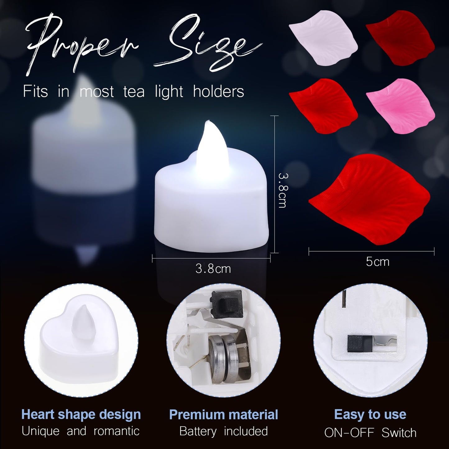 Coume 6000 Pieces Artificial Rose Petal 72 Pieces LED Tealights Candle, Romantic Decorations Special Night Rose Petal Heart Candle for Valentines Wedding Anniversary Proposal Decor(White Light)