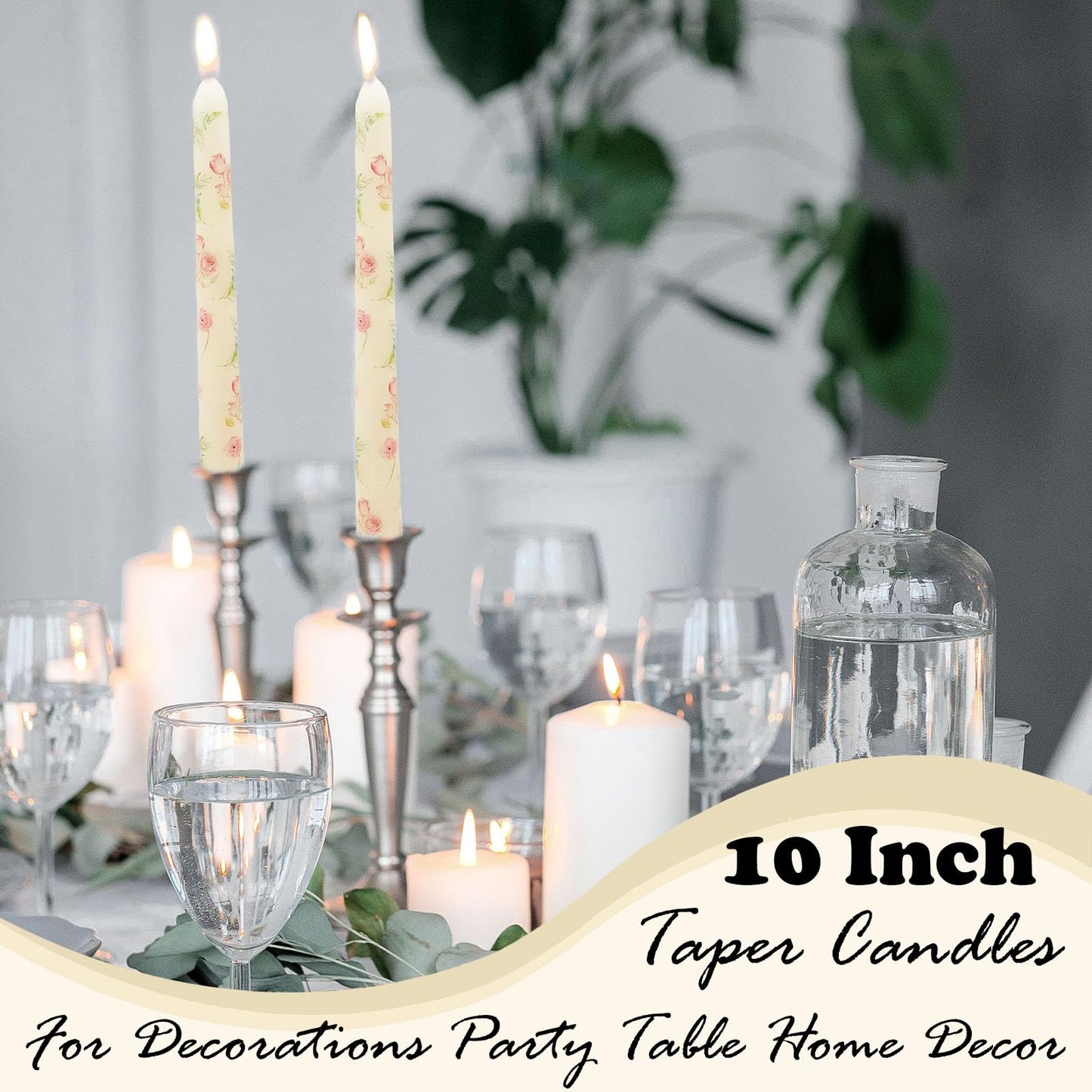 10 Inch Rose Printed Ivory Taper Candles, 2 Pack Smokeless Dripless Candles, Unscented Long Burning for Mother's Day, Wedding Dinner Party, Home Decor