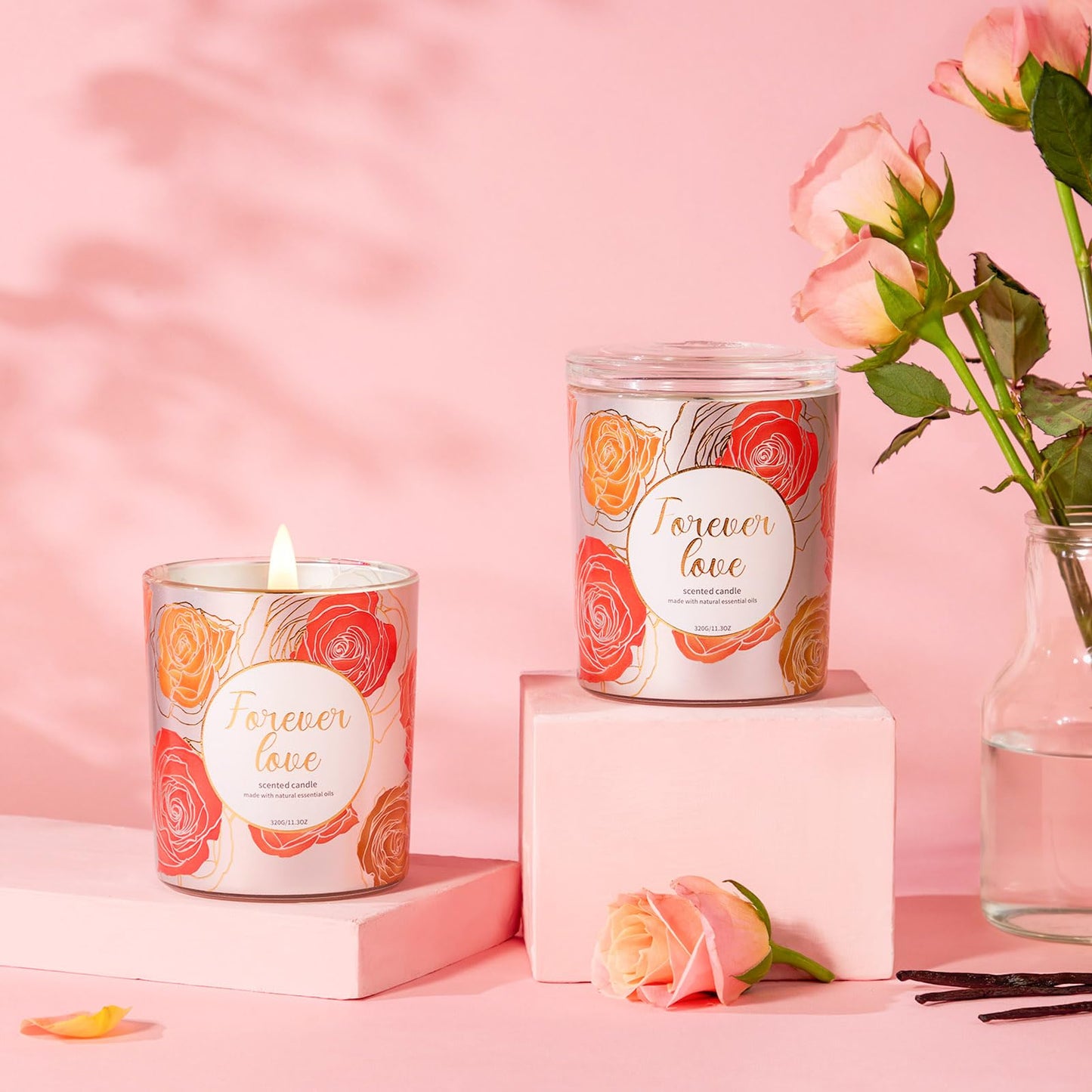 2 Pack Wood Wick Soy Wax Candle Gift Set for Women, Rose & Peony and Vanilla Amber, 11.3 Oz Each, Individually Boxed
