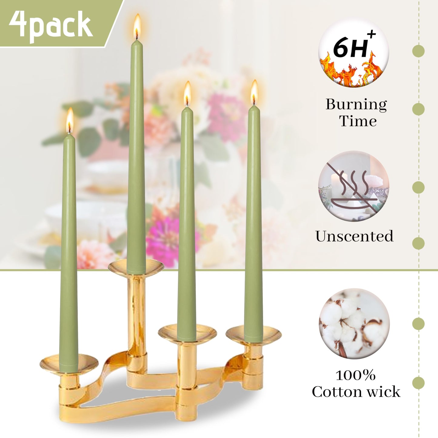 Moss-Green Taper Candles 10 Inch Unscented Candles Smokeless Handmade Dinner Tall Taper Candlesticks for Home Decoration Wedding Holiday Set of 4