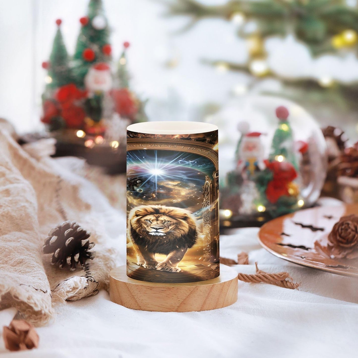 ALAZA Magic Animal Lion Starry Space Flickering Flameless Candles Pillar Led Candles Battery Operated Candles with Remote and Timers Set of 2
