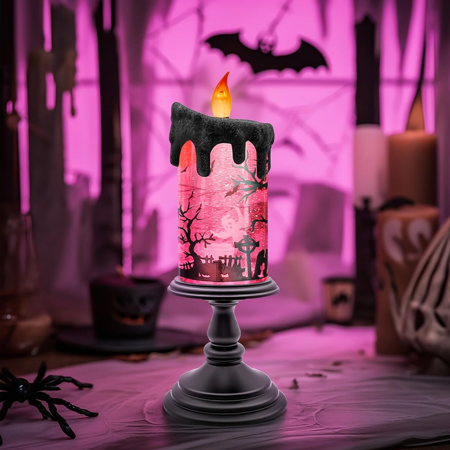 Halloween Snow Globe Candle with Pink Graveyard Scene – LED Flameless Candle with Water Glitter Swirls, Battery Operated Light Up Halloween Decoration for Indoor Tabletop or Mantel