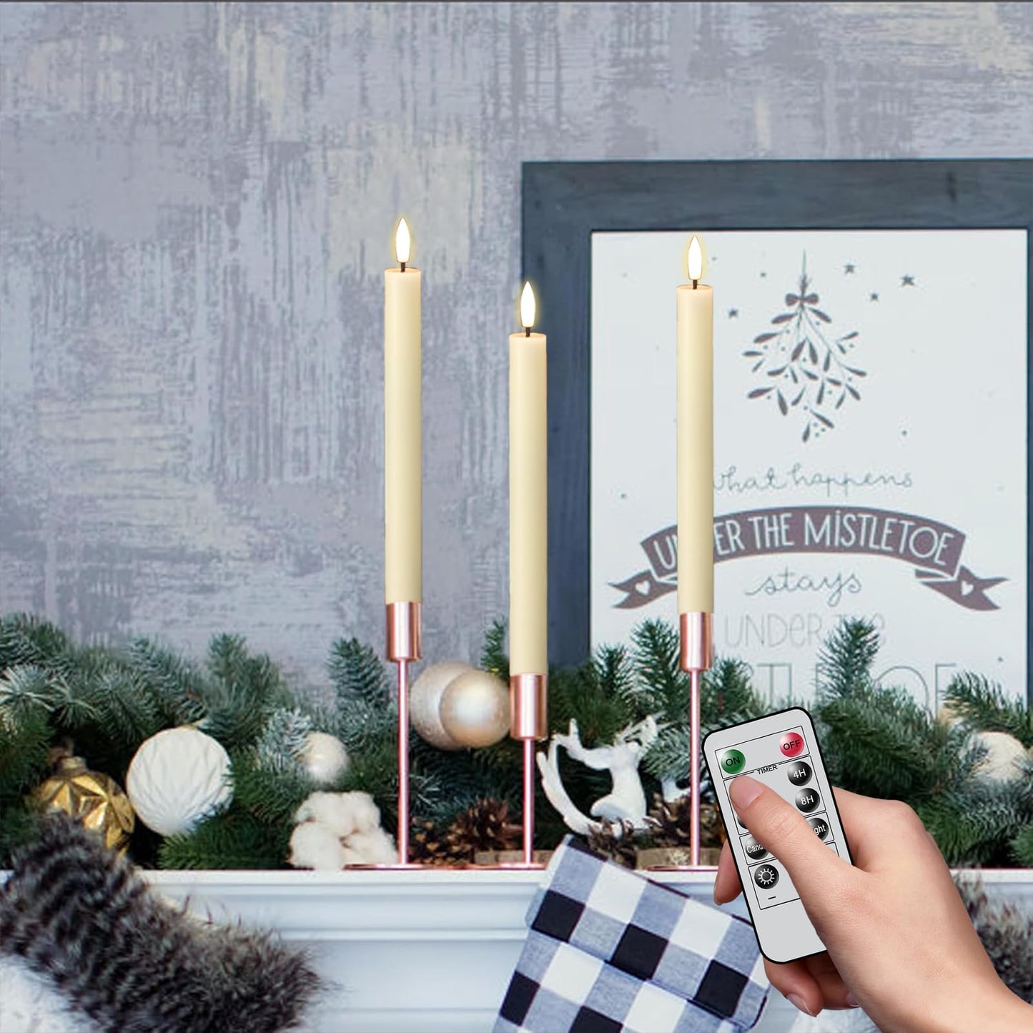 GenSwin Flameless Taper Candles with Remote Timer, Real Wax LED Taper Candles Battery Operated with 3D Flame, 3Pcs Flickering Flamless Candlesticks for Halloween Christmas Decor(Ivory, 0.78” x 9.8”)