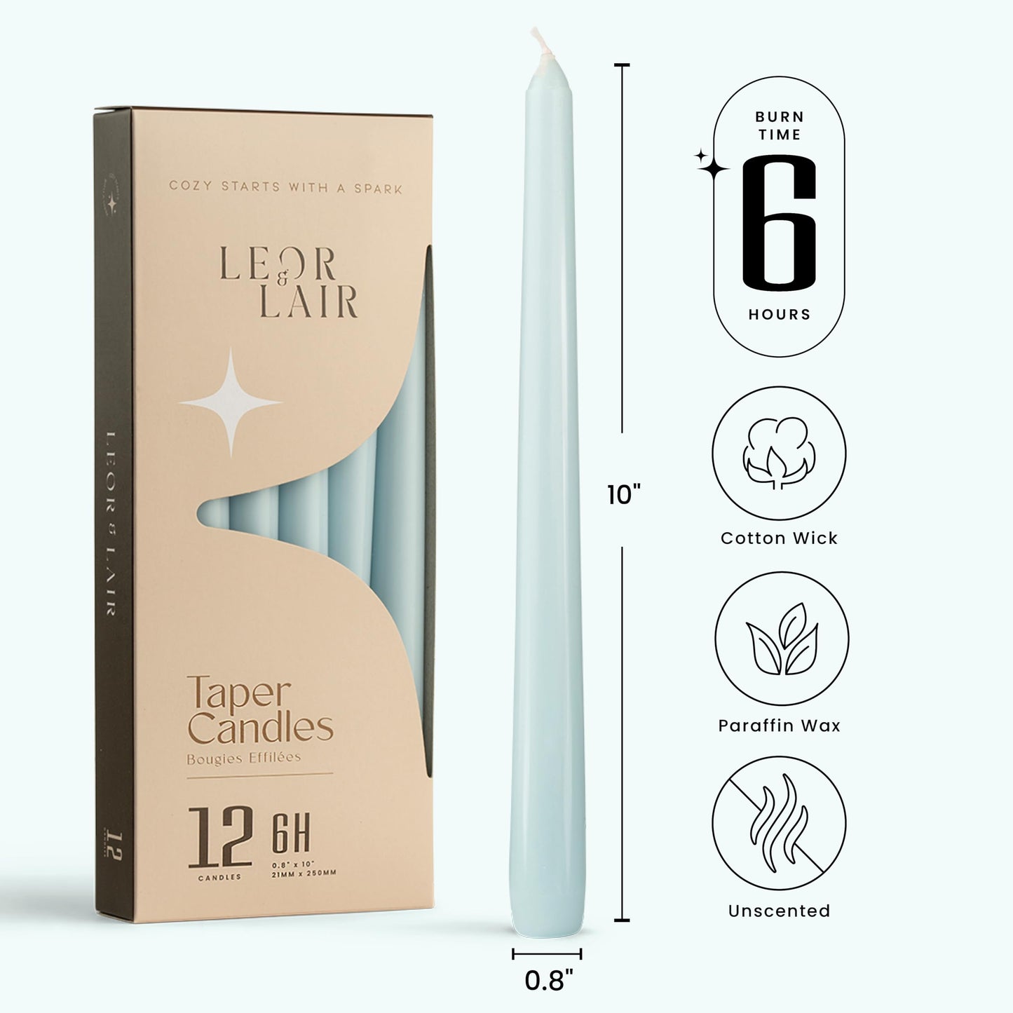 Leor & Lair Light Blue Taper Candles - 12 Pack 10" Light Blue Candlesticks - Unscented Candle Sticks for Winter Home Decor, Easter Dinner, Weddings, Restaurants & Events