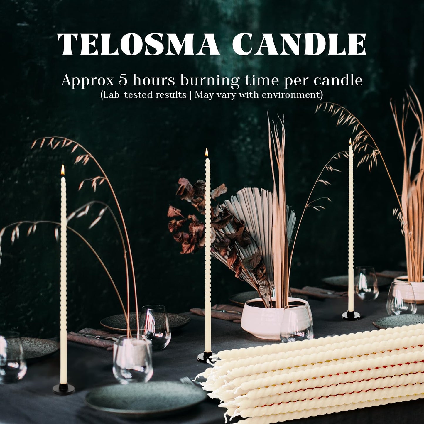 1/2 Inch Skinny Spiral Beeswax Taper Candles - 15 inch Tall Thin Candlesticks 1/2 Inch Diameter - Slim Taper Candles - Natural Beeswax Candlesticks, Off-White Candles Set of 16