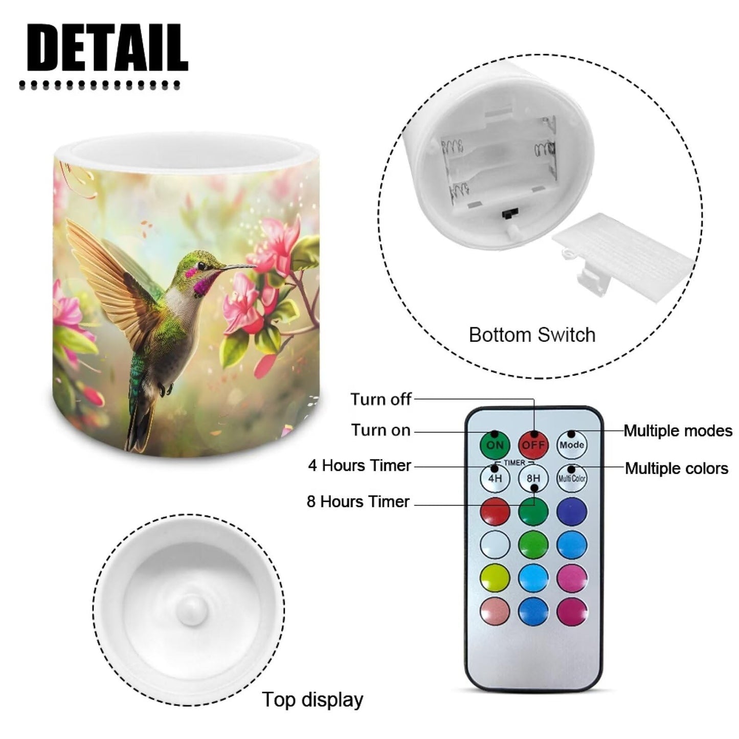 NETILGEN Floral Hummingbird Print Flickering Flameless Candles with Remote Timer Control Pack of 4 Battery Operated LED Pillar Candles 3 inch Flameless LED Candles