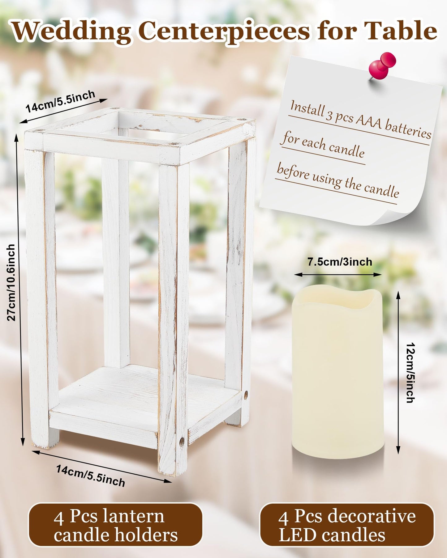 Huquary 8 Pcs Wooden Wedding Lantern Centerpiece for Table Decoration Includes 4 Farmhouse Candle Holder and 4 Flameless Decorative LED Candles for Rustic Home Wedding Decor(White)