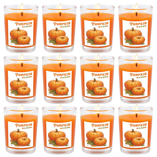 Pumpkin-Scented Glass Votive Candles, Set of 12 – Warm Fall Aroma, Perfect for Home Decor, Thanksgiving, and Halloween Parties