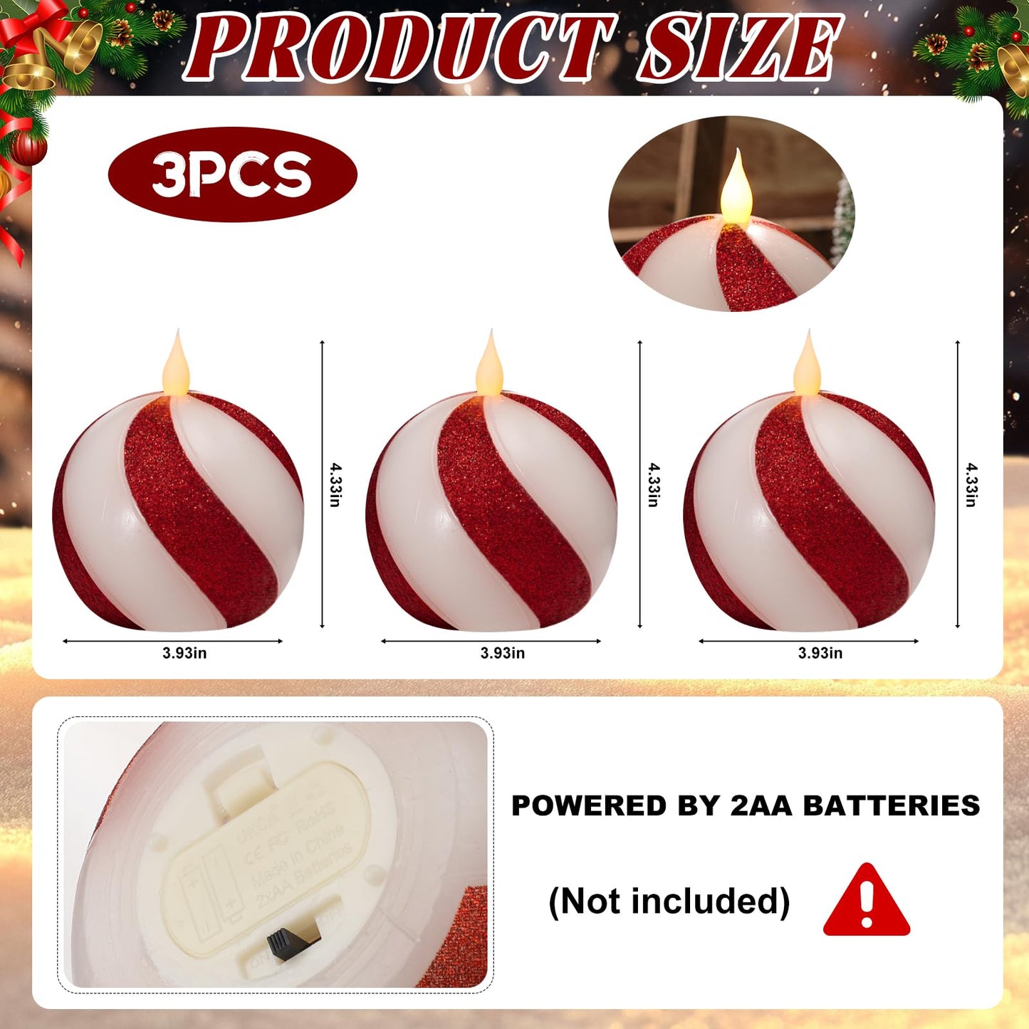 Set of 3 Christmas Sphere Candy-Cane Flameless Candles - Red White Real Wax Flickering Ball Candles Battery Operated with Remote, Candy Cane Christmas Decorations, Xmas Party Tables Centerpieces Decor