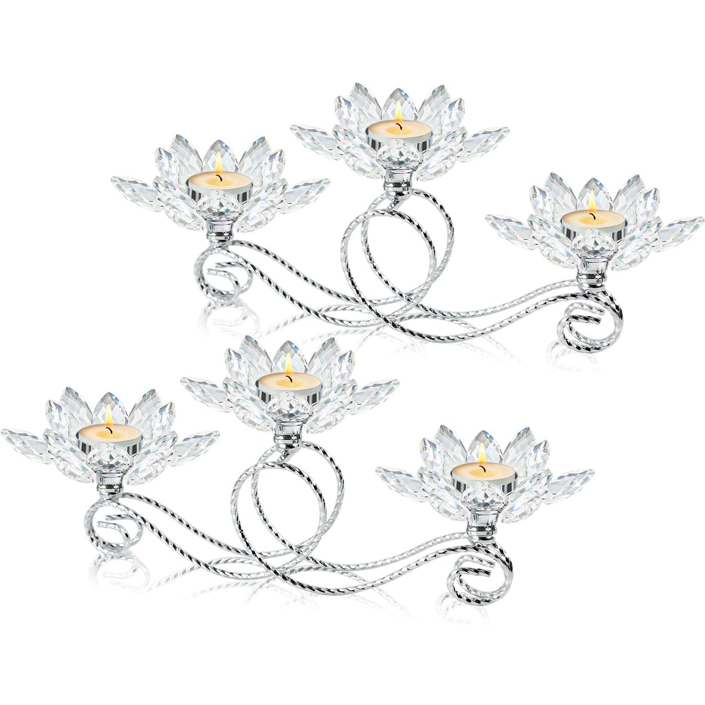 2Pcs Siver Kehail Crystal Metal Tea Light Candle Holder Set, 3-Arm Flower Shaped Crystal Votive Candlestick Holders for Table Centerpiece, Wedding Shower, Party and Home Decor