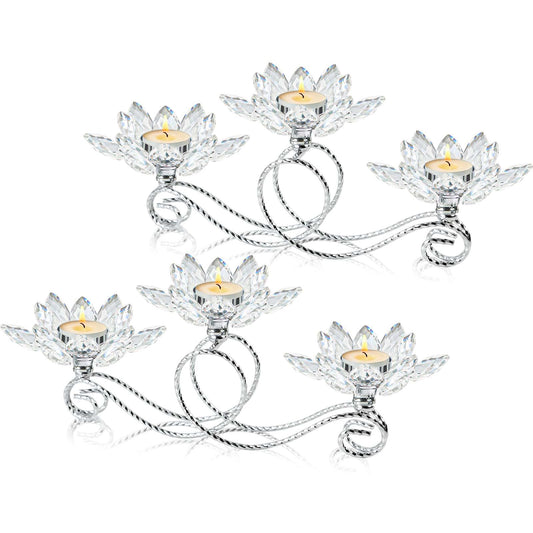 2Pcs Siver Kehail Crystal Metal Tea Light Candle Holder Set, 3-Arm Flower Shaped Crystal Votive Candlestick Holders for Table Centerpiece, Wedding Shower, Party and Home Decor