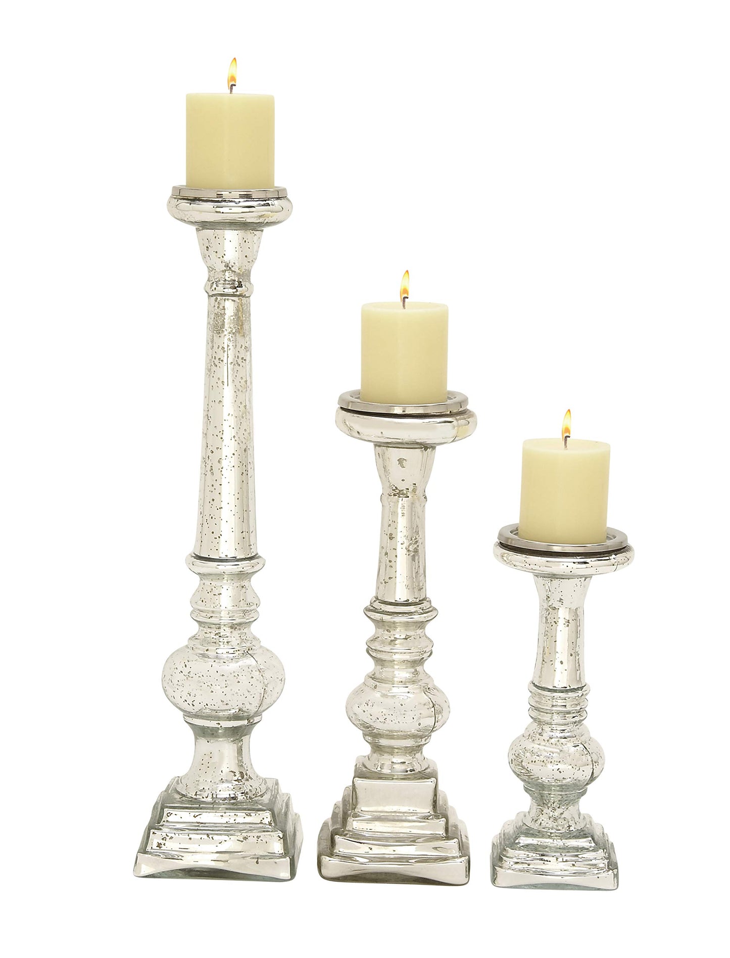 Deco 79 Glass Handmade Decorative Candle Holder Turned Style Pillar Candle Stand, Set of 3 Candlestick Holder 11", 15", 21"H, Silver