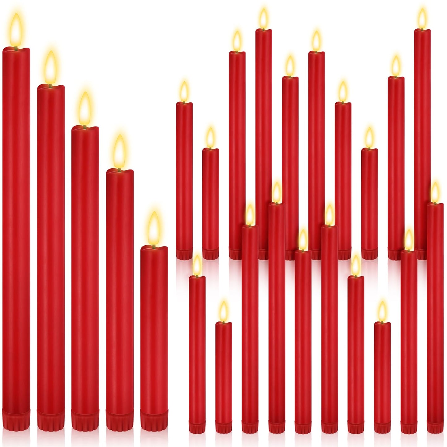 Rossesay 20 Pcs Flameless LED Taper Candles Battery Operated Taper Candles 5 Sizes of 6.5'', 7.7'', 8.8'', 10.0'', 11.2'' Flameless Candlesticks Flickering with 3D Flame for Wedding (Red)