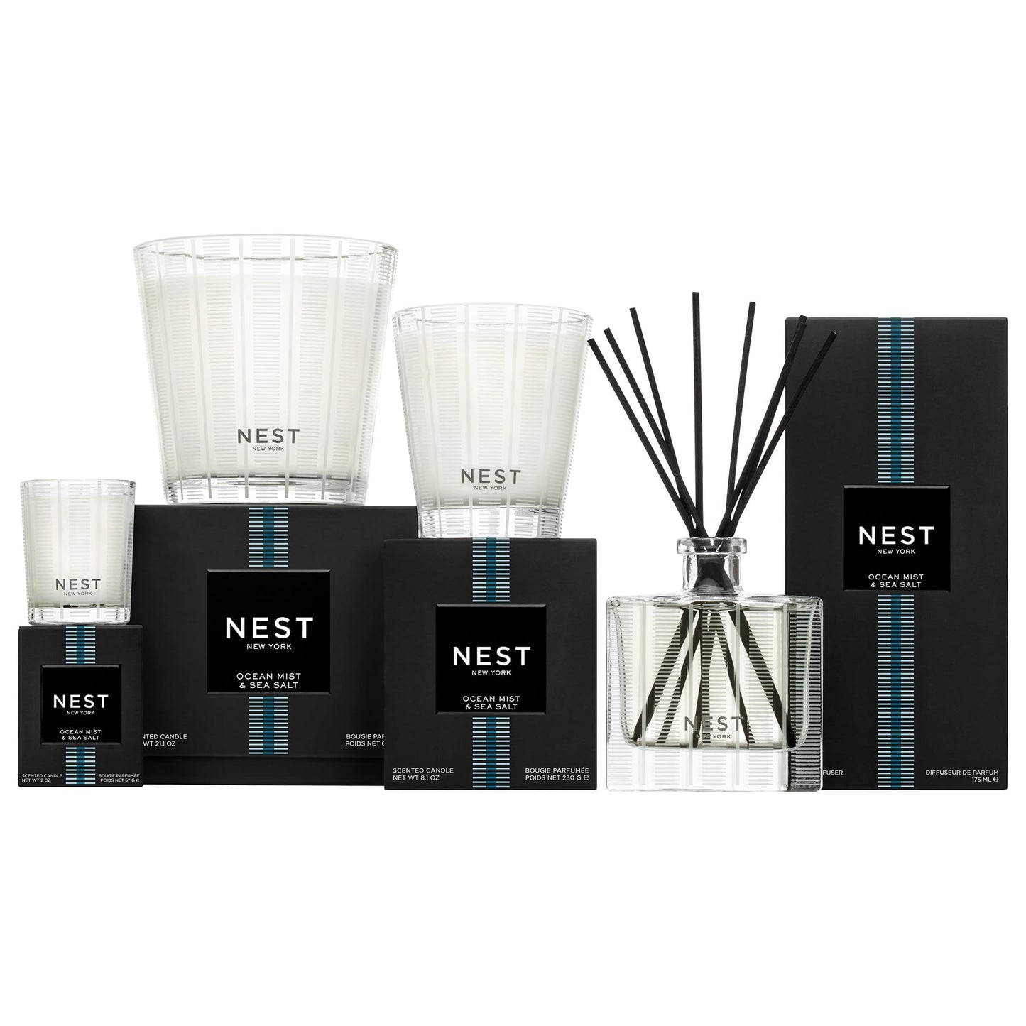 NEST New York Scented 3-Wick Candle, Ocean Mist & Sea Salt - 21.2 oz - Up to 100-Hour Burn Time - Reusable Glass Vessel