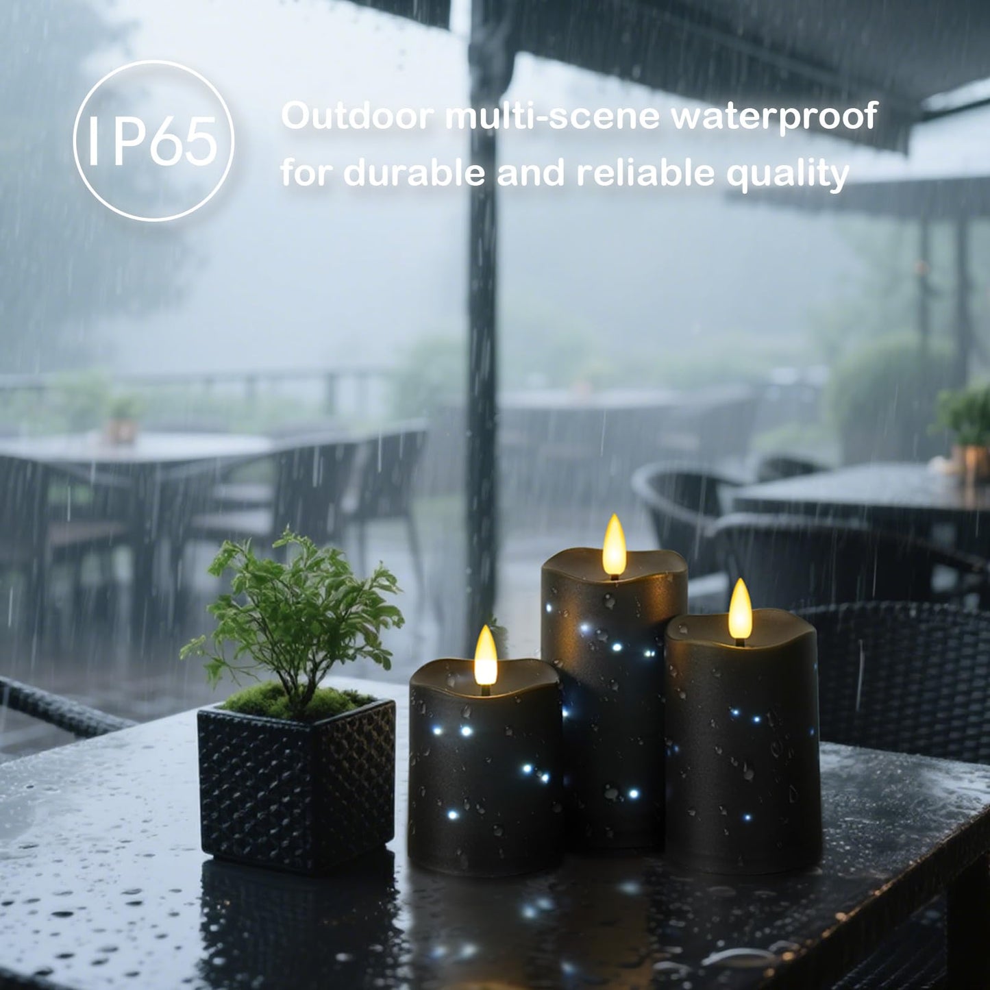 Flameless Candles Embeded Twinkle Starlight, Waterproof LED Flameless Candles with Remote, Plastics Realistic Pillar Candles for Home Decor, Outdoor Garden, Patio Decor 2pcs(Black)