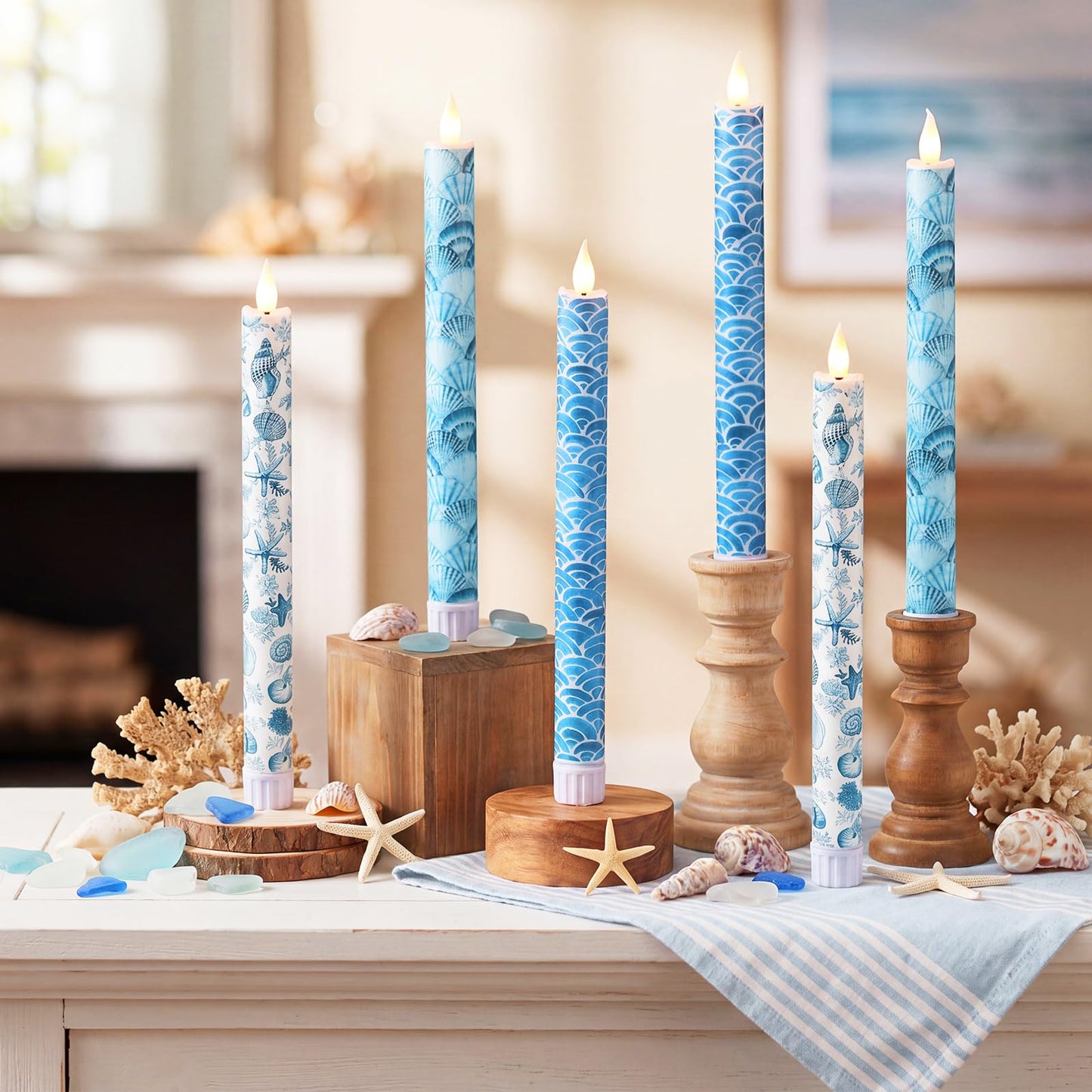 Lyrow 6 Pcs Summer Ocean Flameless Taper Candles with Beach Starfish Seashell 11 Inch LED Candles Flickering Battery Operated Candlesticks for Birthday Seaside Shower Party Summer Table Decor