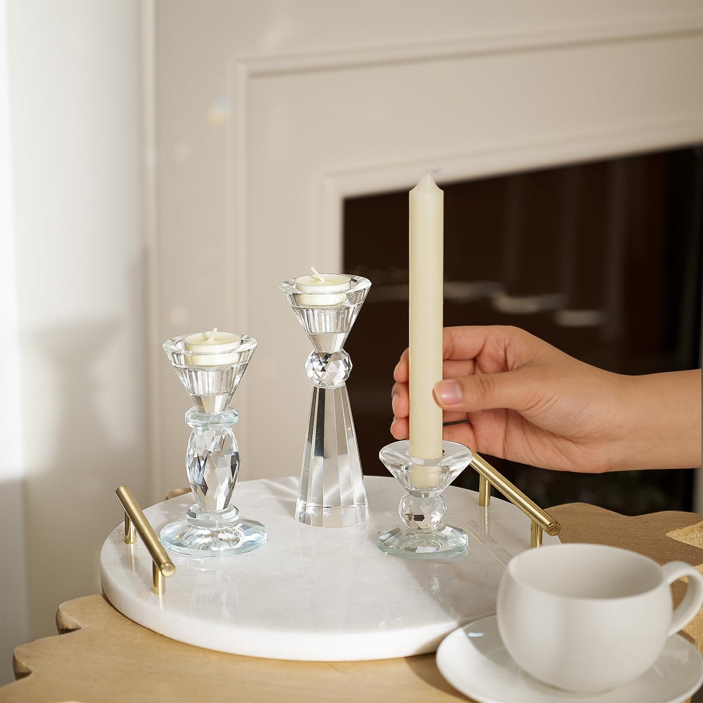 DN DECONATION Glass Candle Holder Set of 3, Candlesticks Holders Clear Crystal Tealight Candles Holder Home Decor Aesthetic for Table Centerpiece Wedding Decorations Housewarming Gift Living Room