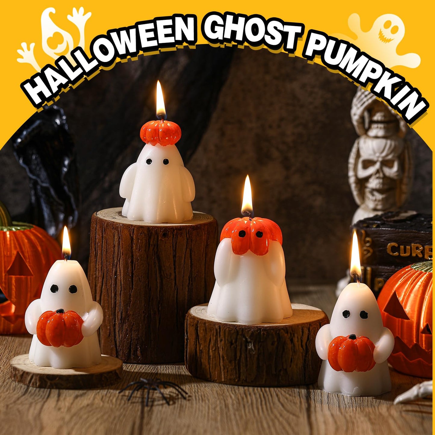 Tondiamo 4 Pcs Halloween Ghost Candle Large Pumpkin Spooky Ghost Shaped Candles Tea Lights Goth Gifts for Halloween Party Favor Table Decoration(White,Orange,Classic Style)