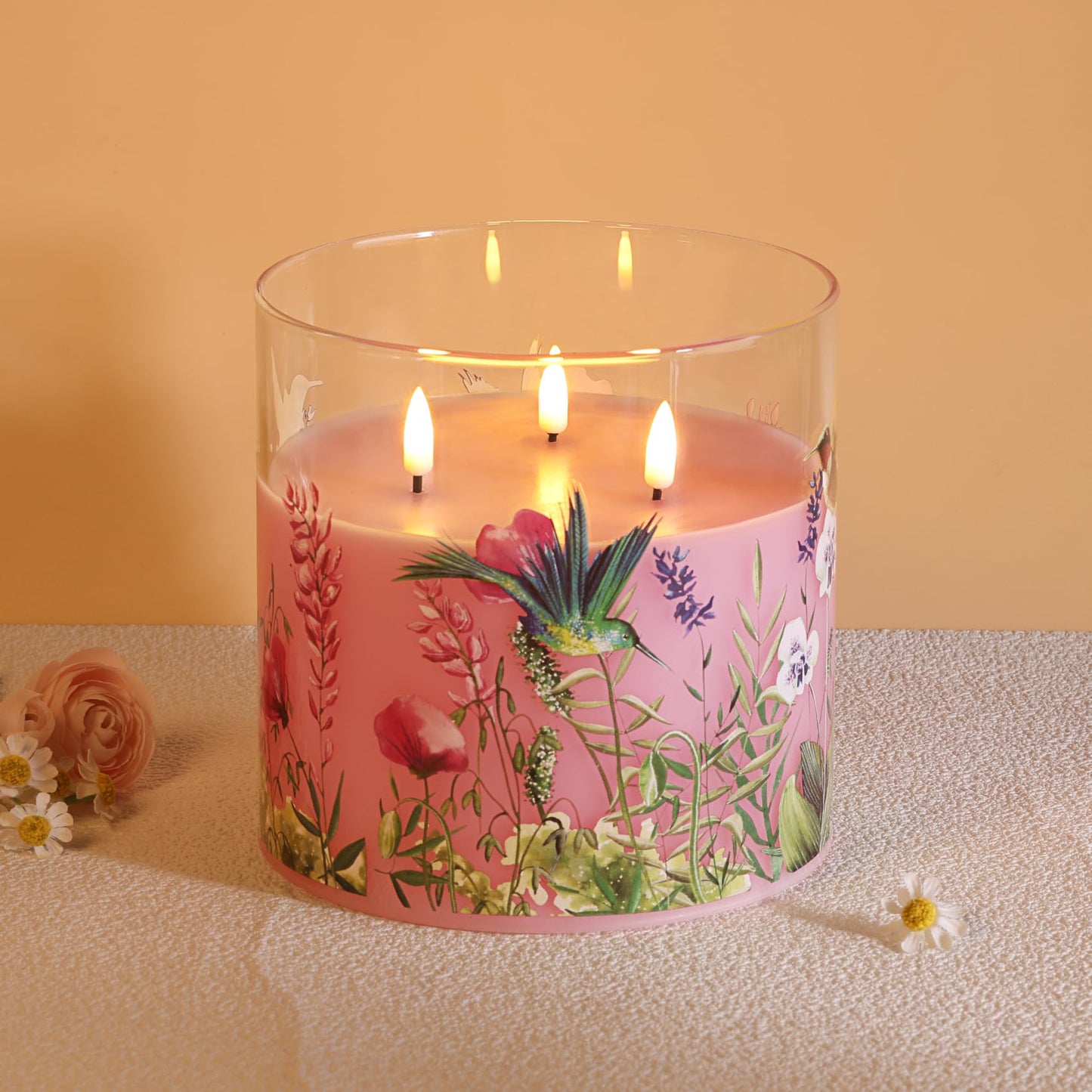 Girimax 3 Wick Pink Hummingbird Glass Flameless Candle with Remote, Large 6x6 inch LED Pillar Candle Battery Operated Flickering Spring Home Decor Gift