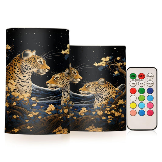 Lights Flameless Candles Golden Leopard Pillar Candles Set of 2 Battery Operated Remote Control Warm Lights Home Decor