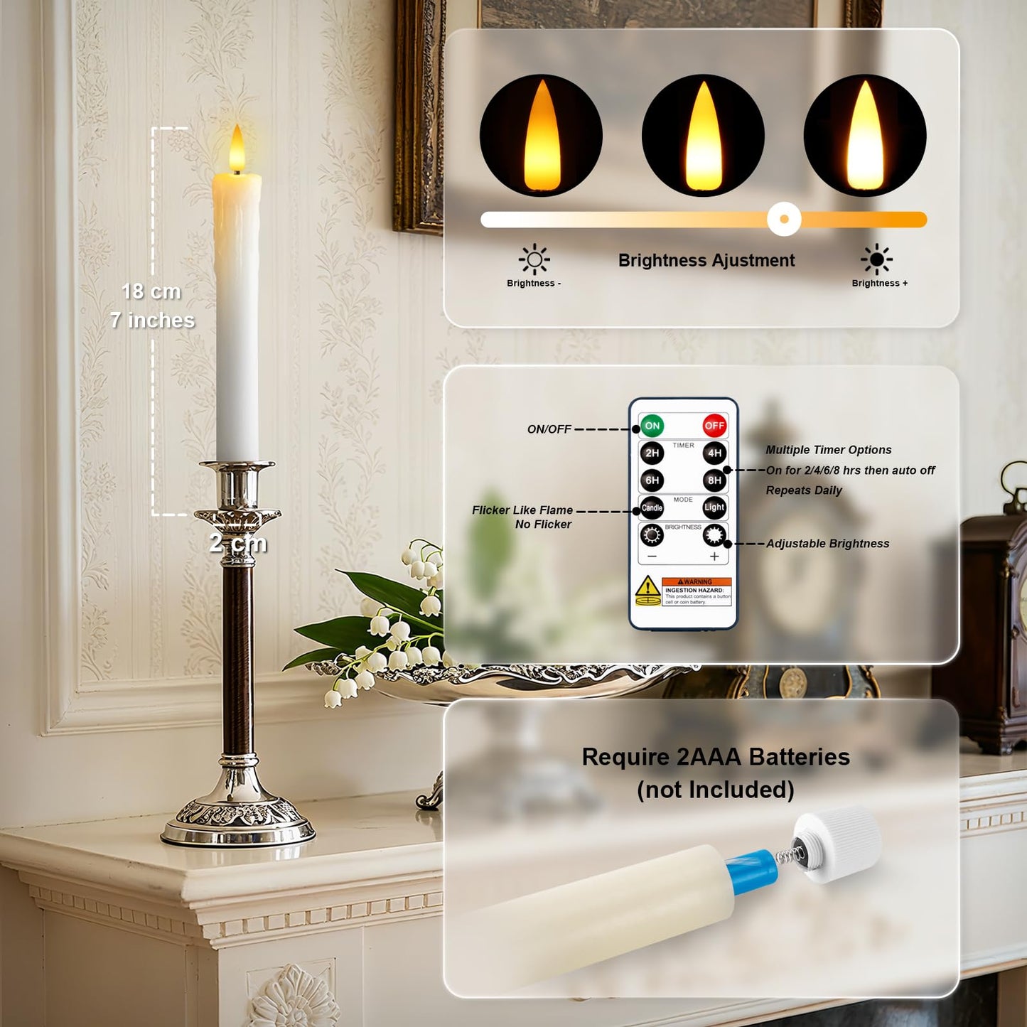 Meigic 7 Inches Dripless Flameless Taper Candles with Remote Timer Dimmer, Real Wax Battery Candlesticks, 3D Flame Fake Candlesticks for Home Wedding Christmas Decor, White, 12 Pcs