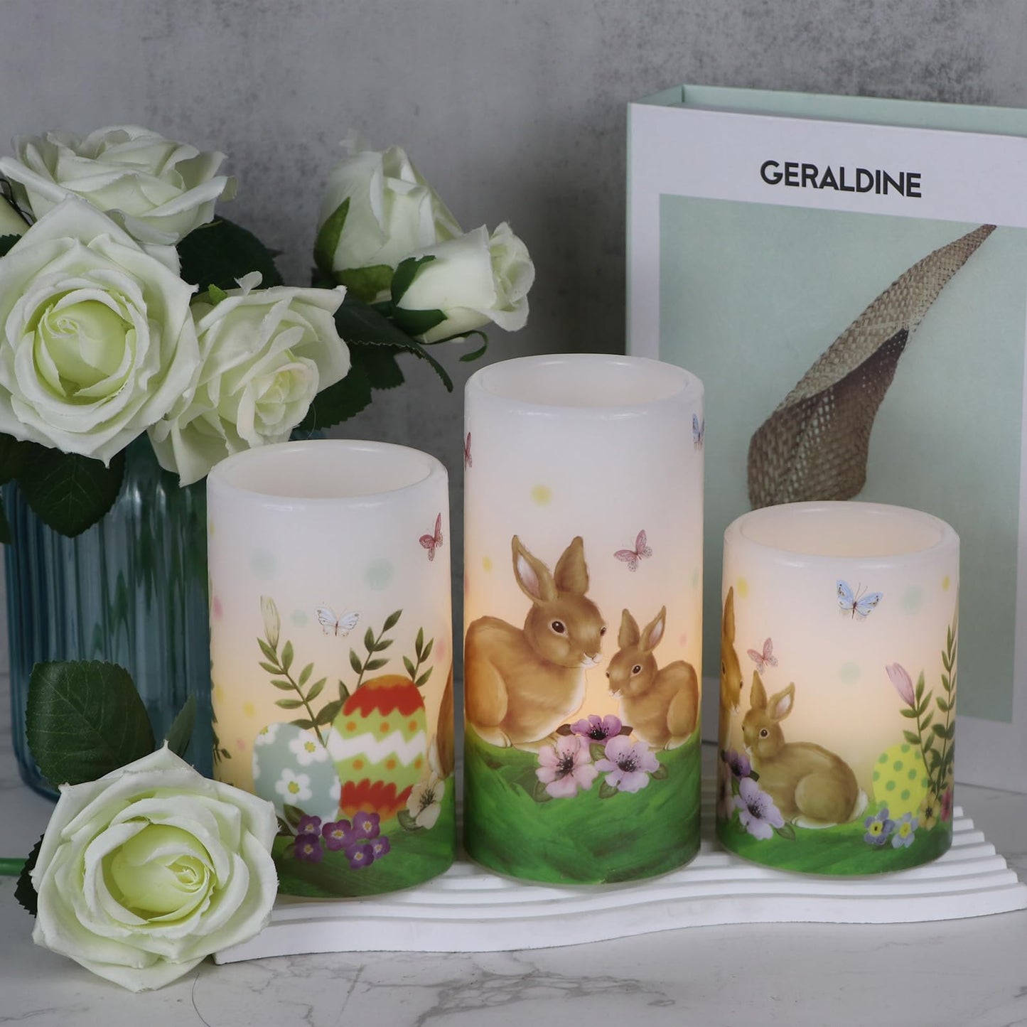 Wondise Easter Bunny Flameless Candles with 6hrs Timer, Battery Operated Pillar Candles with Easter Eggs Lilies Real Wax Flickering LED Candles for Easter Decoration Set of 3(D3 x H4/5/6 Inch)
