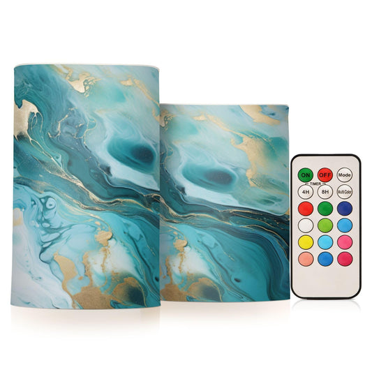 BOENLE Flickering Flameless Candles, Turquoise Blue Marble Texture LED Candles with Remote Timer, Set of 2 Battery Operated Candle for Valentine Wedding Birthday