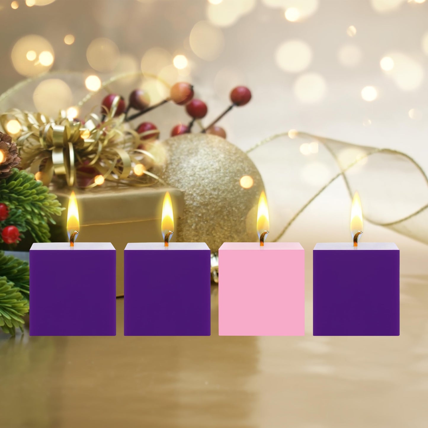 Mega Candles 4 pcs Unscented Christmas Advent Candles Set, Hand Poured Premium Wax Square Pillar Candle 3 Inch x 3 Inch, Holidays, Occasions, Events, Festivities, Devotional, Church, Wreath, Gifts