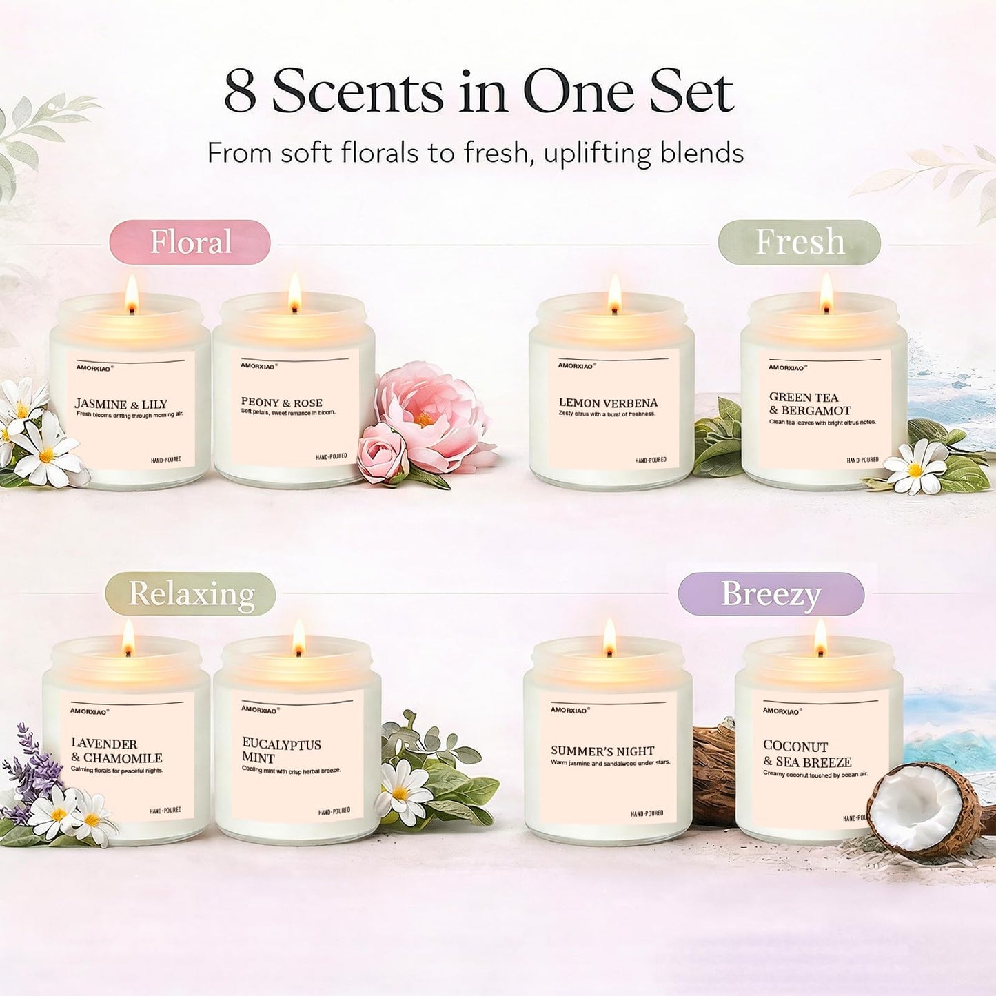 Scented Candles Set, 8 Pack Soy Wax Candles Gifts for Women, Long Lasting Burn Floral Fresh Aromatherapy Scents for Home, Birthday, Holiday, Mothers Day