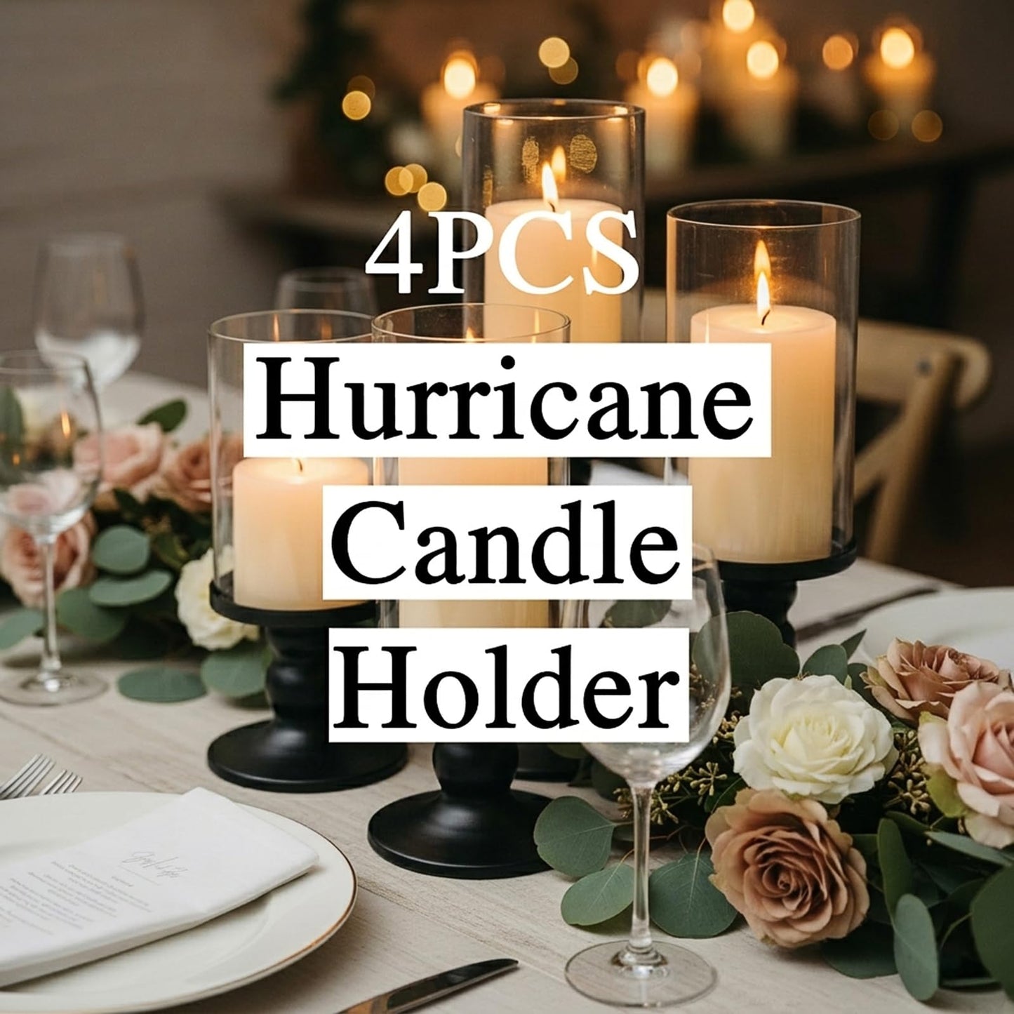 NITIME 4Pcs Hurricane Candle Holder for Pillar Candles, Black Candle Holders with Clear Glass Sleeve for Table Centerpieces,Pillar Candle Holders for Home Decor, Wedding, Holiday and Party Decor