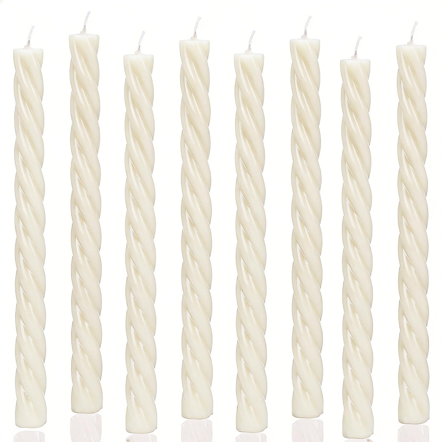 10 Inch Spiral Ivory Taper Candles, 8 Pack Unscented Long Burning Time Gloosy Fall Candlesticks for Dinner Party, Wedding Shower and Home Decoration (Ivory)