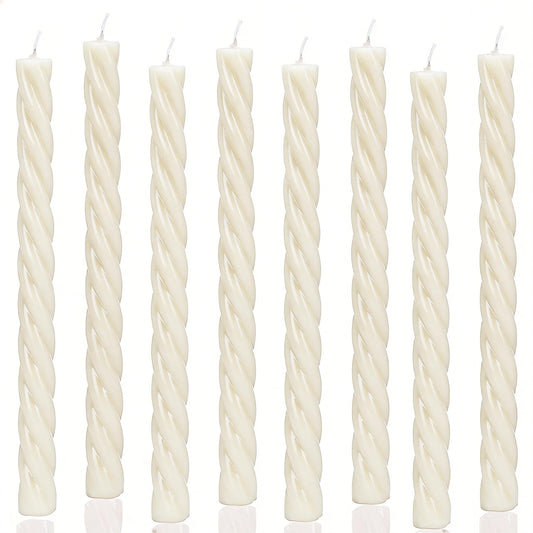 10 Inch Spiral Ivory Taper Candles, 8 Pack Unscented Long Burning Time Gloosy Fall Candlesticks for Dinner Party, Wedding Shower and Home Decoration (Ivory)