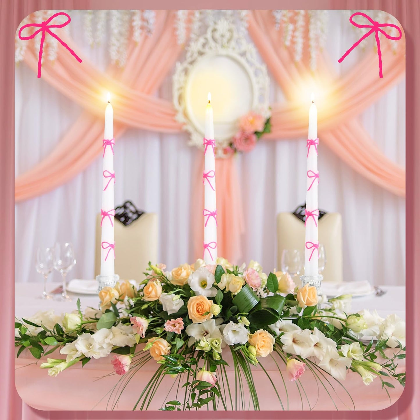 Conelist 12 Set Pink Bow Taper Candles Coquette Birthday Decoration Candles White Candlesticks with Wax Stick for Bridal Shower Wedding Dinner Decorations for Birthday Anniversary Party