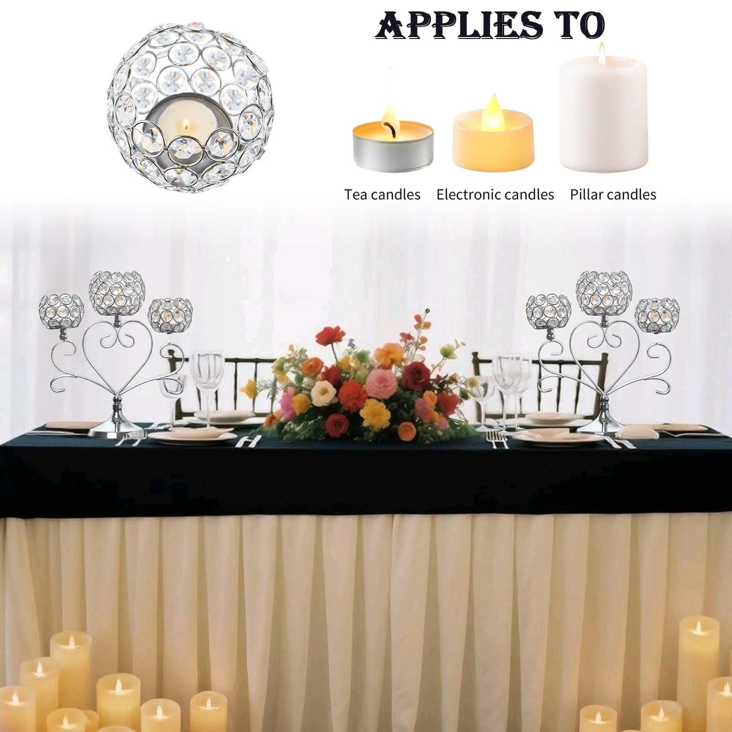 Kehail 6 Pcs Silver 3-Arm Heart Tea Light Candle Holder - Crystal & Metal Wedding Centerpiece Decor, Sparkling Table Decor for Anniversaries/Romantic Tabletop Home/Dinner Party/Events