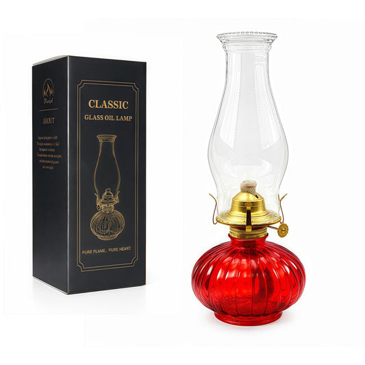 13" Large Glass Kerosene Oil Lamp, Vintage Hurricane Lantern with Thickened Glass Base, Chamber Oil Lamp for Indoor Use, Rustic Tabletop Lantern for Home Decor, Emergency Lighting(Red)