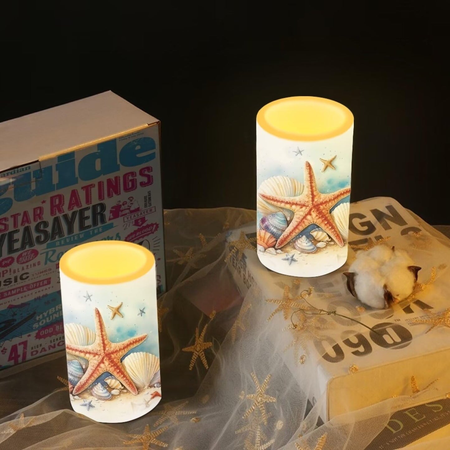 NETILGEN Flameless Candles LED Battery Operated Candles with Realistic Set of 2 with 18 Key Remote Control Timer Pillar Candle for Coastal Home Decoration, Starfish Seashell Retro