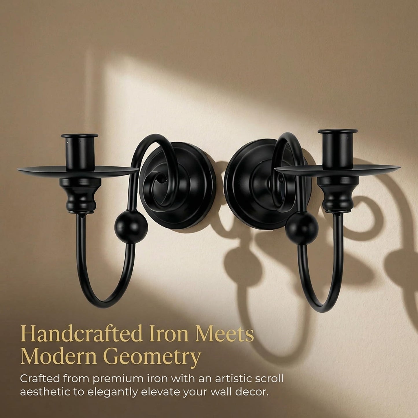 Set of 2 Black Wall Sconces Candle Holder, Modern Farmhouse Metal Wall Decor for Living Room Bathroom Dining Room, Matte Iron Scroll Wall Art Sconce for Pillar or LED Candles (8.6" x 5.9" x 3.5")