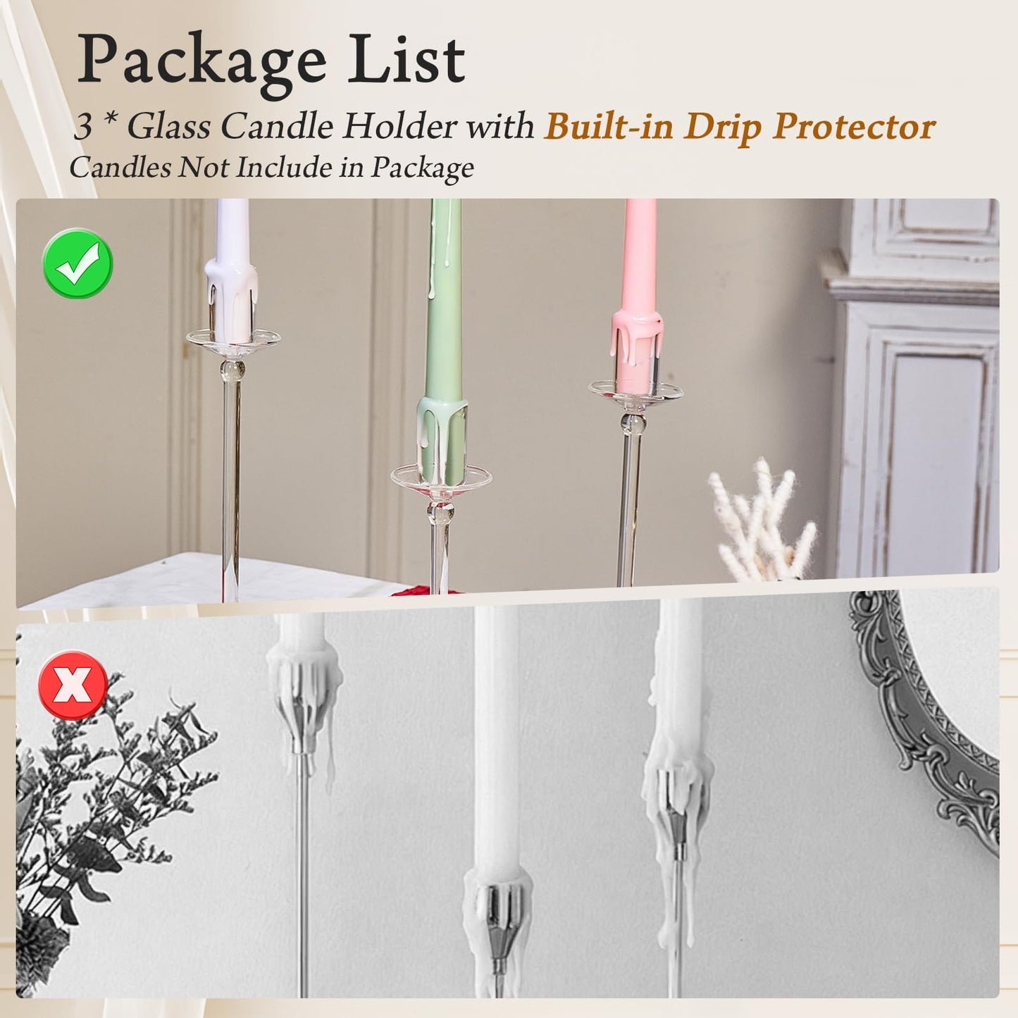 CHILL RECIPE Candle Holder Glass Taper Candlestick Holders with Built-in Candle Drip Protectors for Table Centerpiece Wedding Party (Clear 3Pcs)